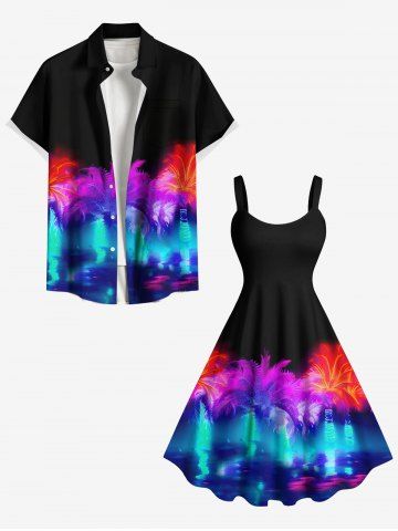 Colorful Coconut Tree Light Glitter 3D Print Plus Size Matching Hawaii Beach Outfit For Couples