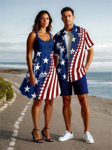 Patriotic American Flag Topstitching Anchor Octopus Print Plus Size Matching Hawaii Cruise Beach Outfit For Couples - BLUE
