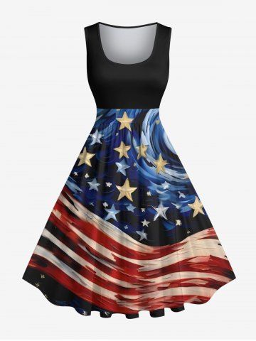 Plus Size Patriotic American Flag Swirls Oil Painting Print 1950s Vintage Tank Dress - BLACK - 6X