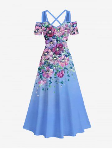 Plus Size Flowers Leaf Print Cold Shoulder Crisscross Hawaii Maxi Dress - SKY BLUE - XXS