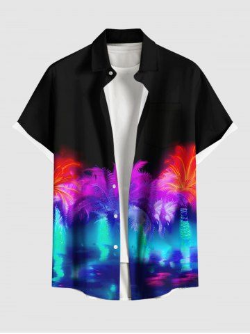 Plus Size Colorful Coconut Tree Light Glitter 3D Print Buttons Pocket Hawaii Shirt For Men
