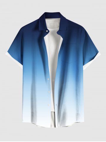 Plus Size Ombre Colorblock Print Buttons Pocket Shirt For Men - BLUE - 5XL
