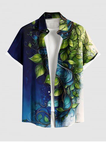 Plus Size Sea Colorblock Flowers Leaf Print Buttons Pocket Hawaii Shirt For Men - BLUE - 5XL