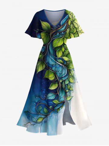 Plus Size Sea Colorblock Flowers Leaf Print Split Hawaii Midi Dress - BLUE - XXS