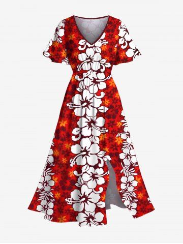 Plus Size Ombre Hibiscus Floral Print Hawaii Split Pocket A Line Midi Dress - RED - XXS