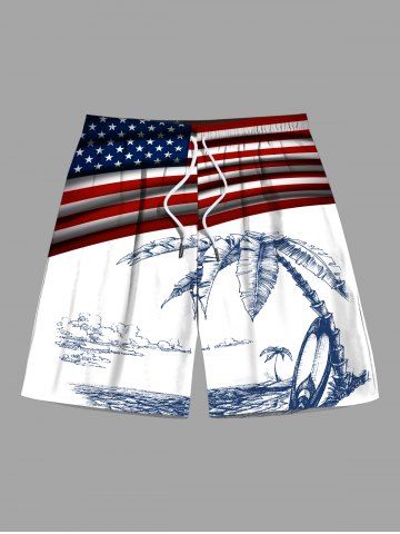 Plus Size Patriotic American Flag Coconut Tree Seascape Print Hawaii Beach Shorts For Men