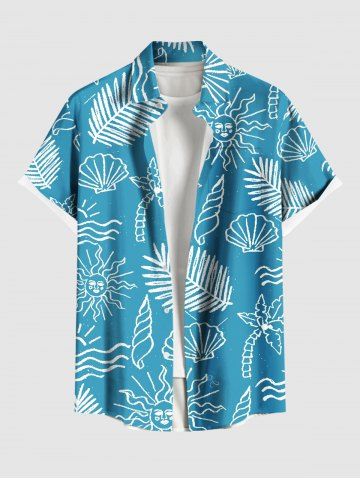 Plus Size Coconut Tree Tropical Leaf Sun Shell Print Hawaii Button Pocket Shirt For Men