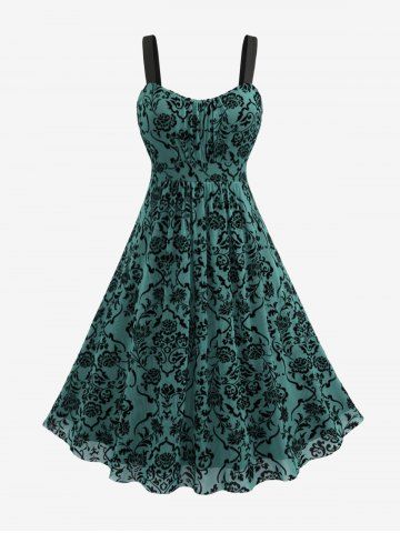 Plus Size Vintage Flower Layered Ruched Mesh A Line Dress - GREEN - L | US 12