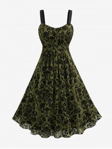 Plus Size Vintage Flower Layered Ruched Mesh A Line Dress - DEEP GREEN - 5X | US 30-32