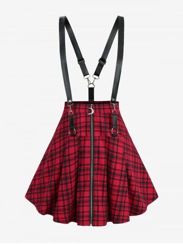 Plus Size Plaid Print Moon Zipper Suspender Skirt - RED - 3X | US 22-24