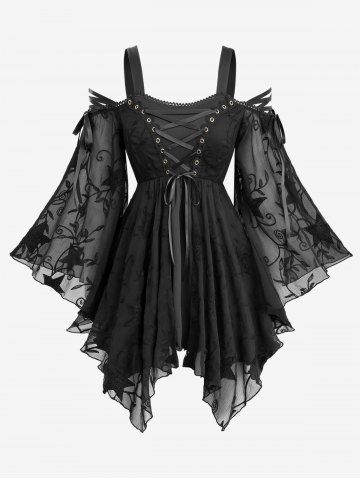 Plus Size Star Embroidery Lace Up Grommets Cold Shoulder Flare Sleeves Blouse - BLACK - M | US 10