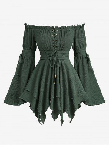 Lace Up Grommets Asymmetrical Ruffles Flare Sleeves Off The Shoulder Top - DEEP GREEN - XXXL
