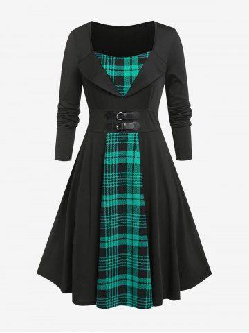 Plus Size Vintage Plaid Pin Up Dress - GREEN - L | US 12