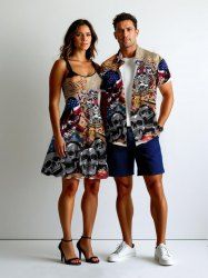 Patriotic American Flag Skulls Newspaper Print Plus Size Matching Outfit For Couples -  