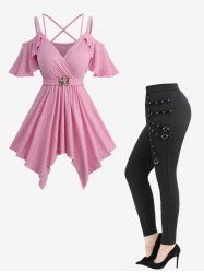 Ribbed Solid Crisscross Surplice Handkerchief Top and Straps Grommet Leggings Plus Size Outfit -  
