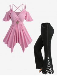Ribbed Solid Crisscross Surplice Handkerchief Top and Split Lace Up Topstitching Pockets Flare Pants Plus Size Outfit -  