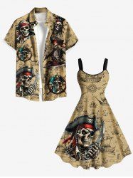 Skull Pirate Distressed Sailboat Print Plus Size Matching Hawaii Cruise Beach Outfit For Couples -  