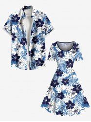 Tenue de plage hawaïenne assortie grande taille à imprimé feuilles tropicales et fleurs pour couples - Bleu 