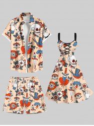Skull Flower Clock Sword Heart Bird Print Plus Size Matching Hawaii Beach Outfit For Couples -  