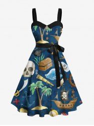 Plus Size Coconut Tree Skull Parrot Sailboat Print Hawaii Cruise Button A Line Dress with Removable Belt -  