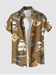 Plus Size Skull Pirate Rudder Sailboat Telescope Print Hawaii Cruise Button Pocket Shirt For Men -  