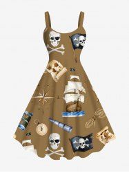 Plus Size Skull Pirate Rudder Sailboat Telescope Print Hawaii Cruise A Line Tank Dress -  