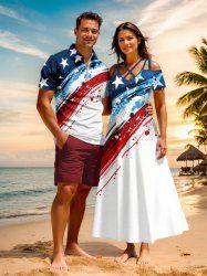Patriotic American Flag Painting Splatter Print Plus Size Matching Outfit For Couples -  