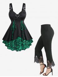 Flocking Tulip Hem Lace Up Tank Top and Scalloped Tassel Pocket Flare Pants Plus Size Outfit -  
