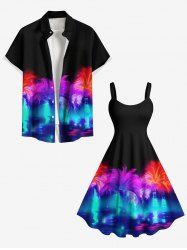 Tenue de plage hawaïenne assortie grande taille, motif cocotier coloré, paillettes lumineuses, imprimé 3D, pour couples - Noir 