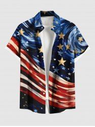 Plus Size Patriotic American Flag Swirls Oil Painting Print Buttons Pocket Shirt For Men -  