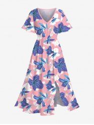 Plus Size Tropical Hibiscus Flower Print Split Hawaii Midi Dress -  