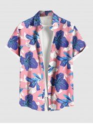 Plus Size Tropical Hibiscus Flower Print Buttons Pocket Hawaii Shirt For Men -  