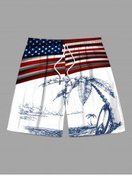 Plus Size Patriotic American Flag Coconut Tree Seascape Print Hawaii Beach Shorts For Men -  