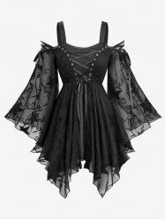 Gothic Plus Size Star Embroidery Lace Up Grommets Cold Shoulder Flare Sleeves Blouse -  