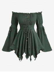 Lace Up Grommets Asymmetrical Ruffles Flare Sleeves Off The Shoulder Top - Vert profond XXL