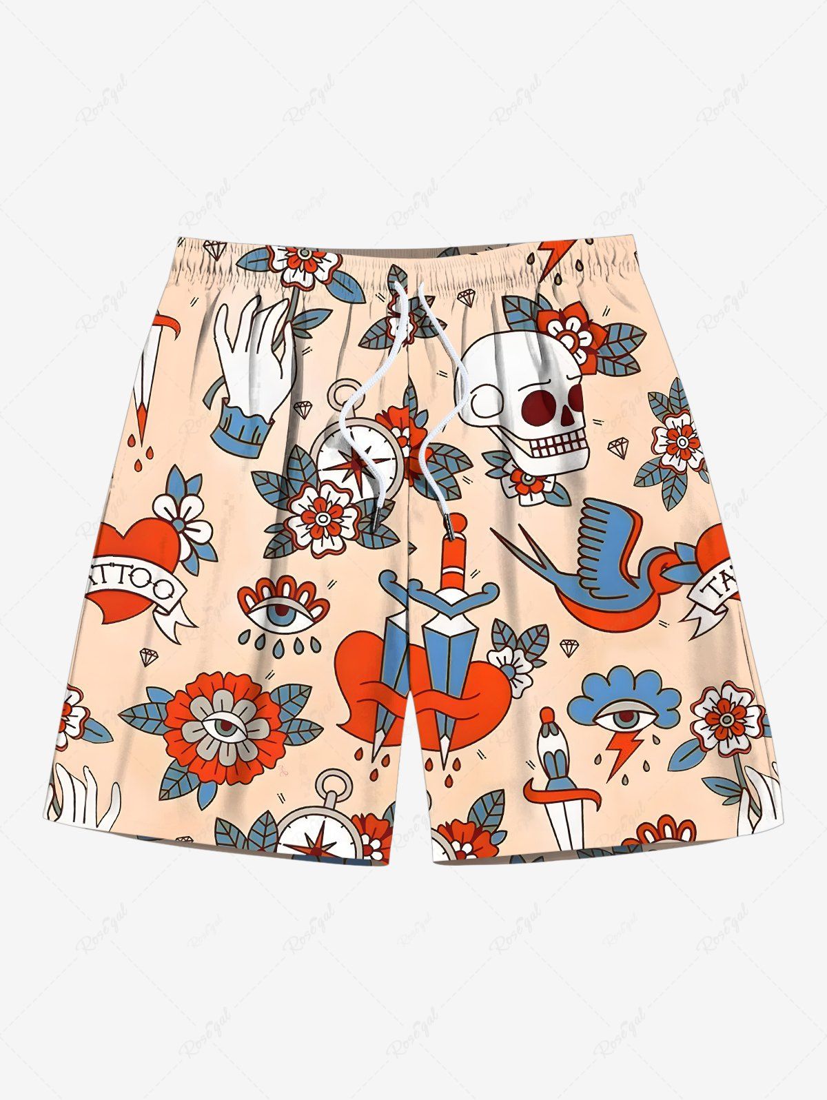 Unique Plus Size Skull Floral Sword Heart Eye Bird Print Hawaii Drawstring Beach Shorts For Men  