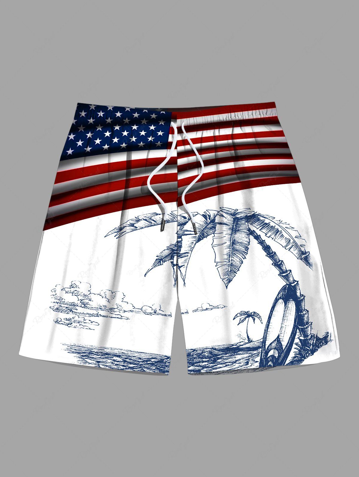 Hot Plus Size Patriotic American Flag Coconut Tree Seascape Print Hawaii Beach Shorts For Men  