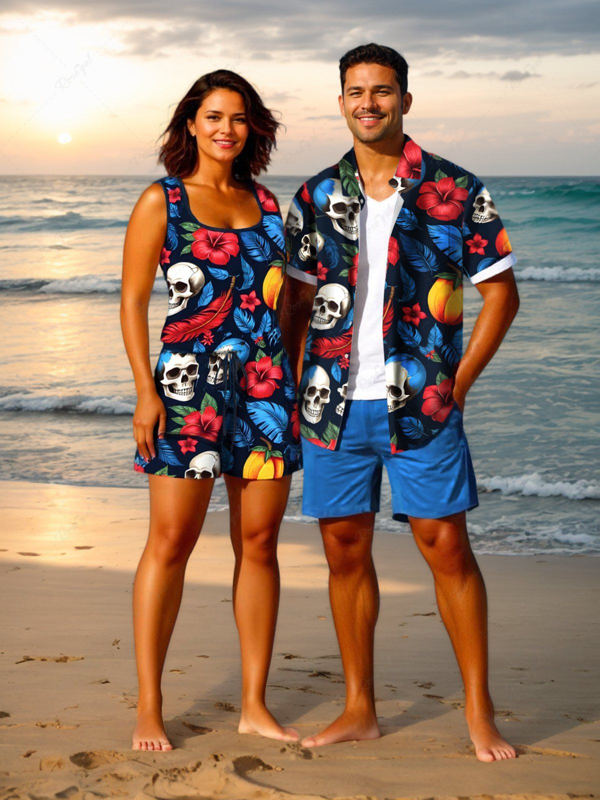 Sale Matching Hawaii Shirt and Romper Plus Size Beach Outfit Tropical Leaf Hibiscus Skull Print For Couples  