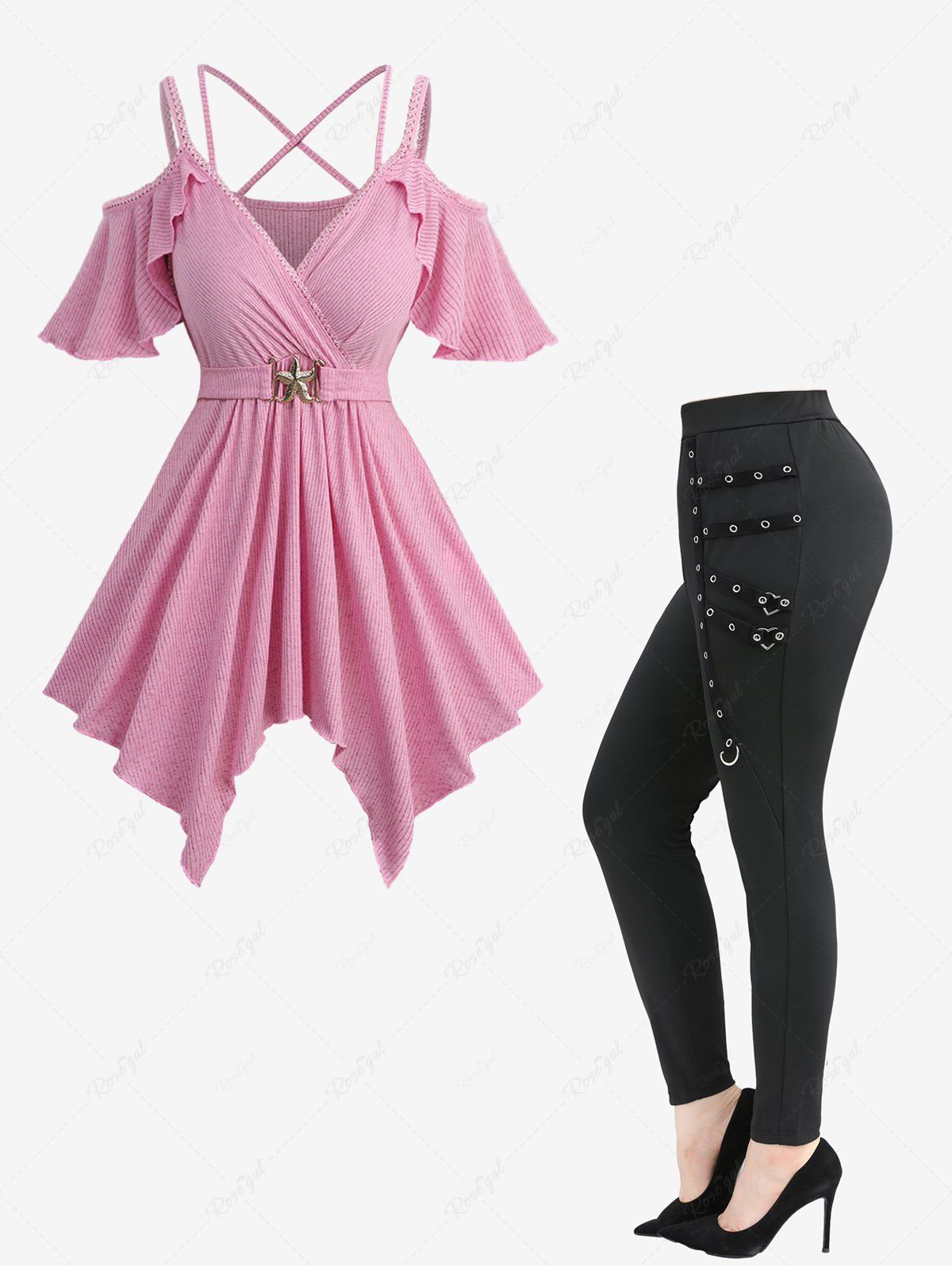 New Ribbed Solid Crisscross Surplice Handkerchief Top and Straps Grommet Leggings Plus Size Outfit  