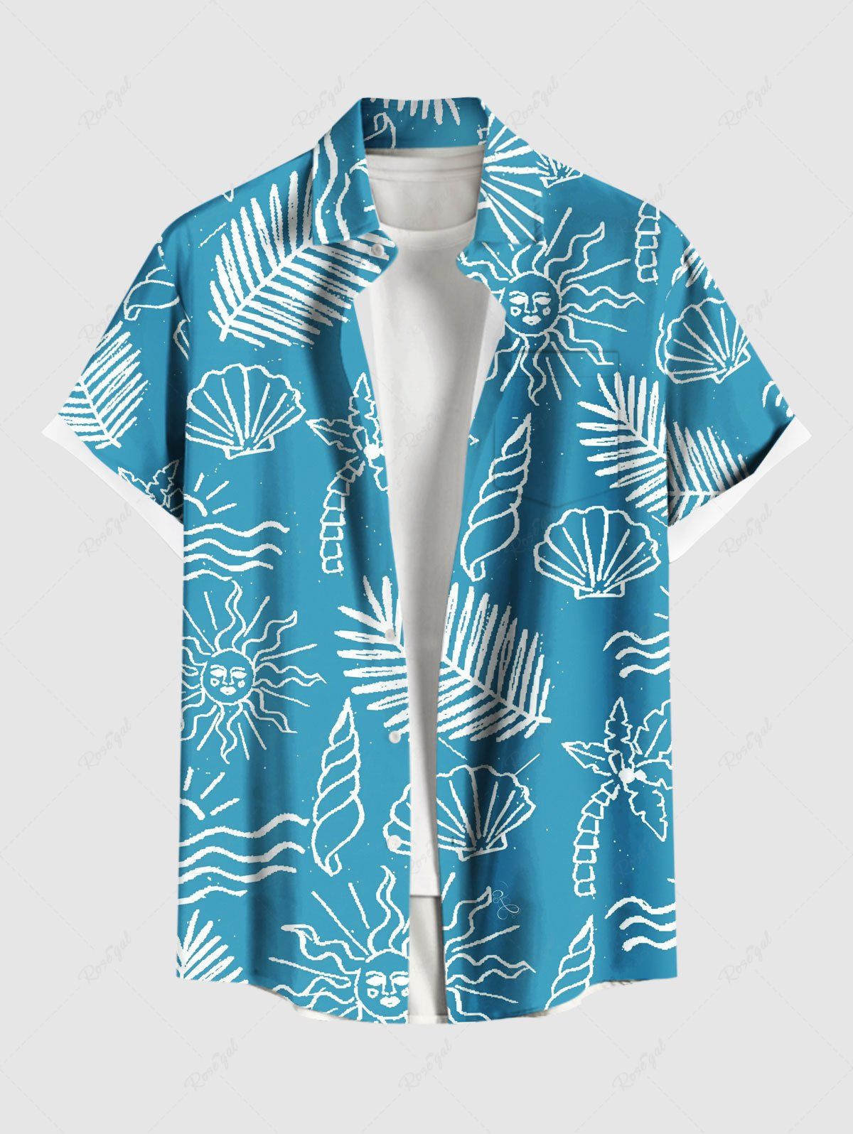 Chemise hawaïenne grande taille à imprimé cocotiers, feuilles tropicales, coquillages et soleil, avec poches boutonnées, pour homme Bleu M