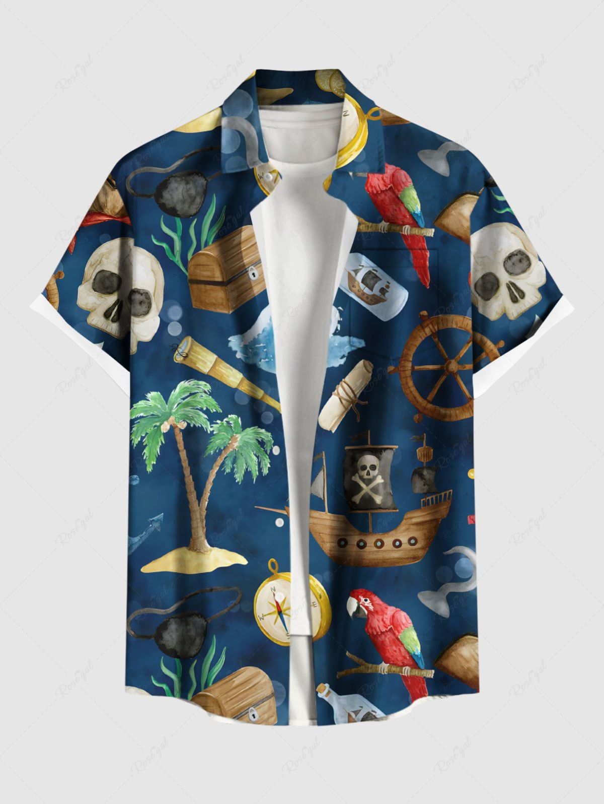 Trendy Plus Size Coconut Tree Skull Parrot Sailboat Print Hawaii Cruise Button Pocket Shirt For Men  