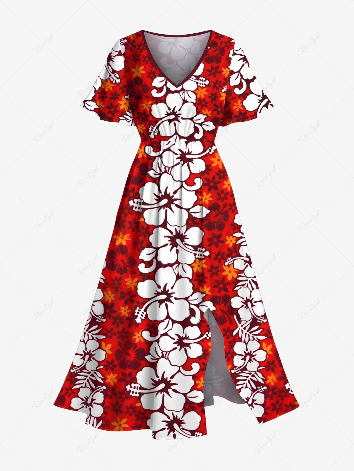 Chic Plus Size Ombre Hibiscus Flower Print Hawaii Split Pocket A Line Midi Dress  