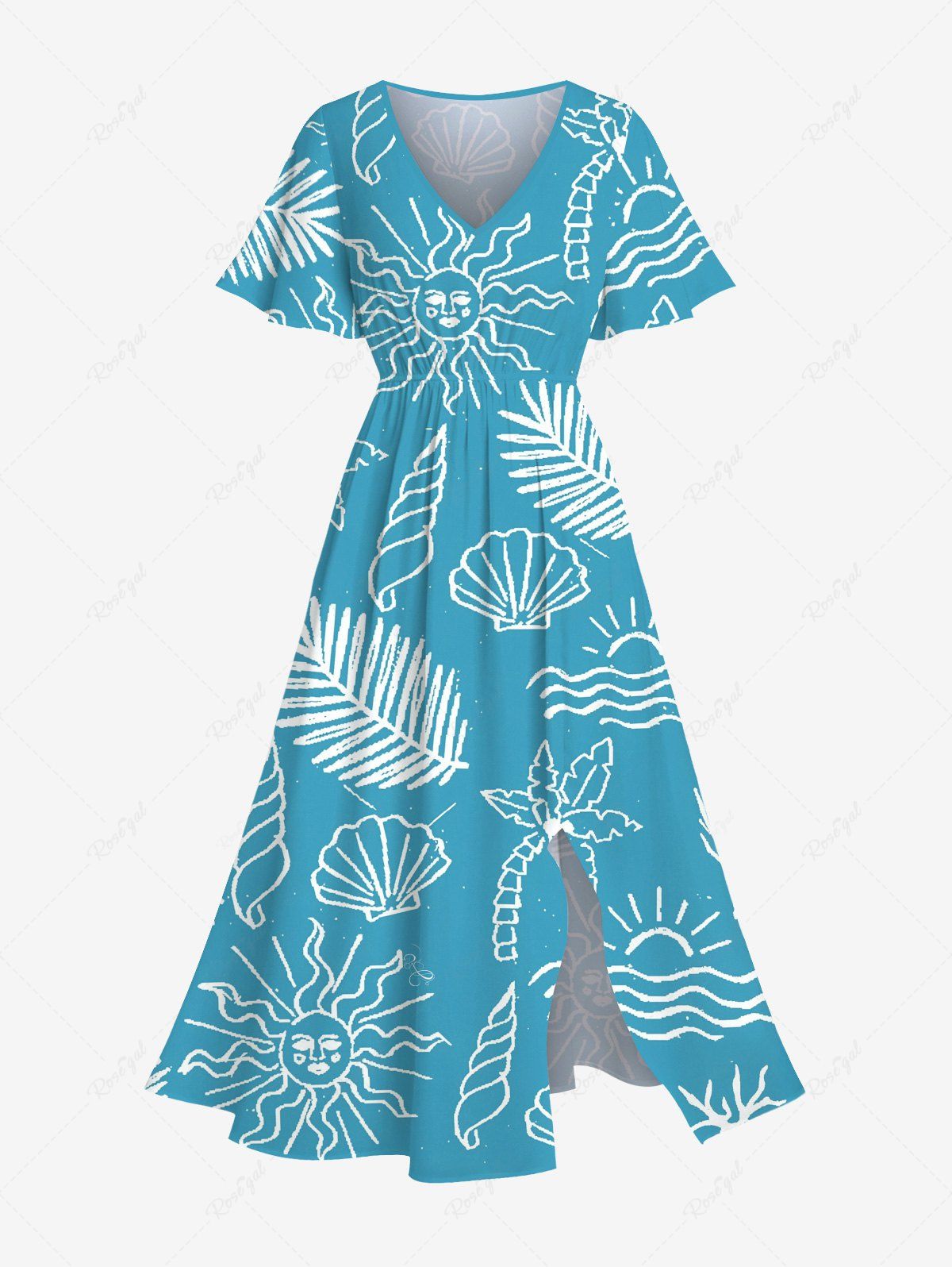 Sale Plus Size Coconut Tree Tropical Leaf Sun Shell Print Hawaii Split Pocket A Line Midi Dress  