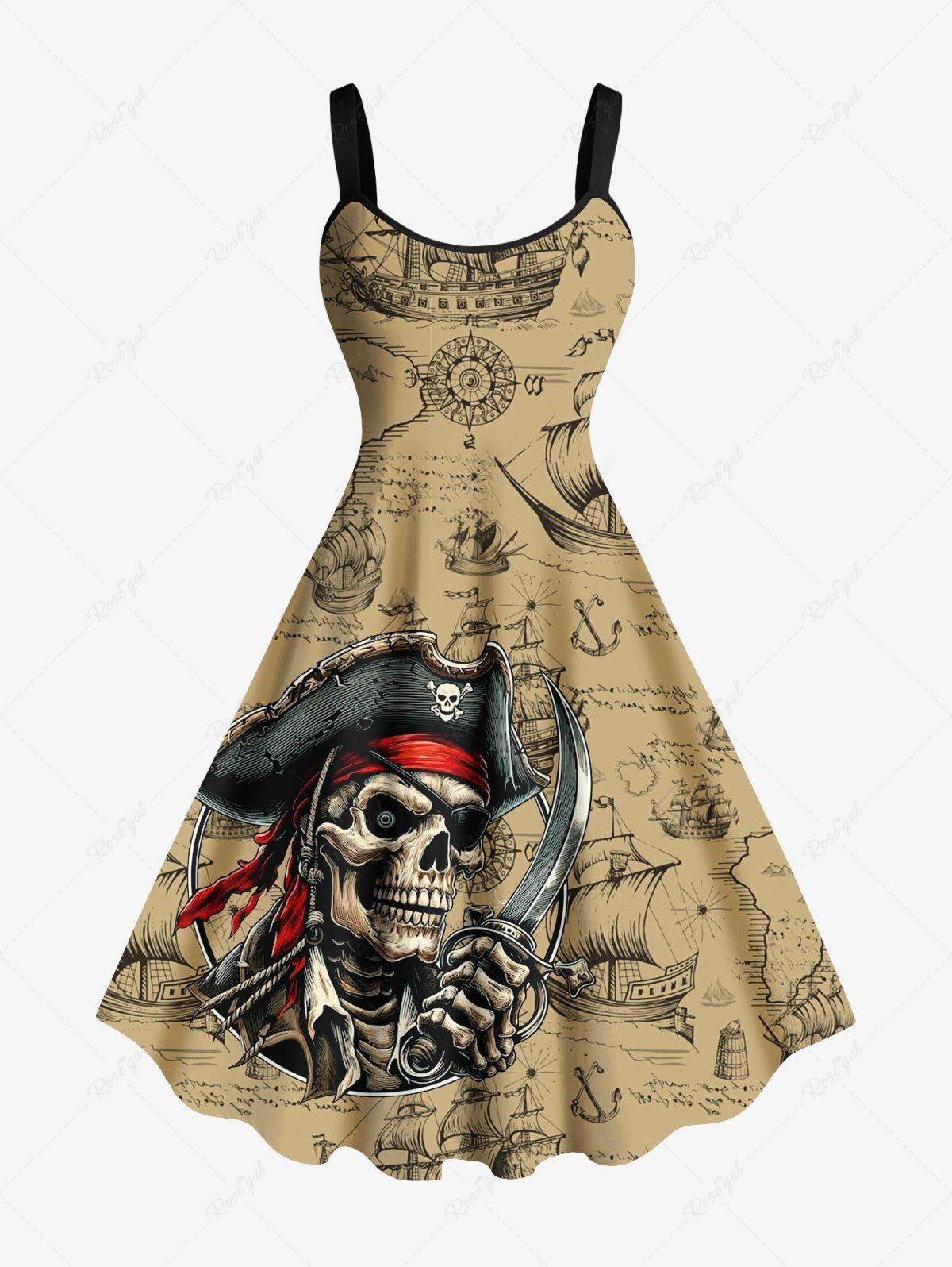 Online Plus Size Skull Pirate Distressed Map Sailboat Print Hawaii Cruise A Line Tank Dress  