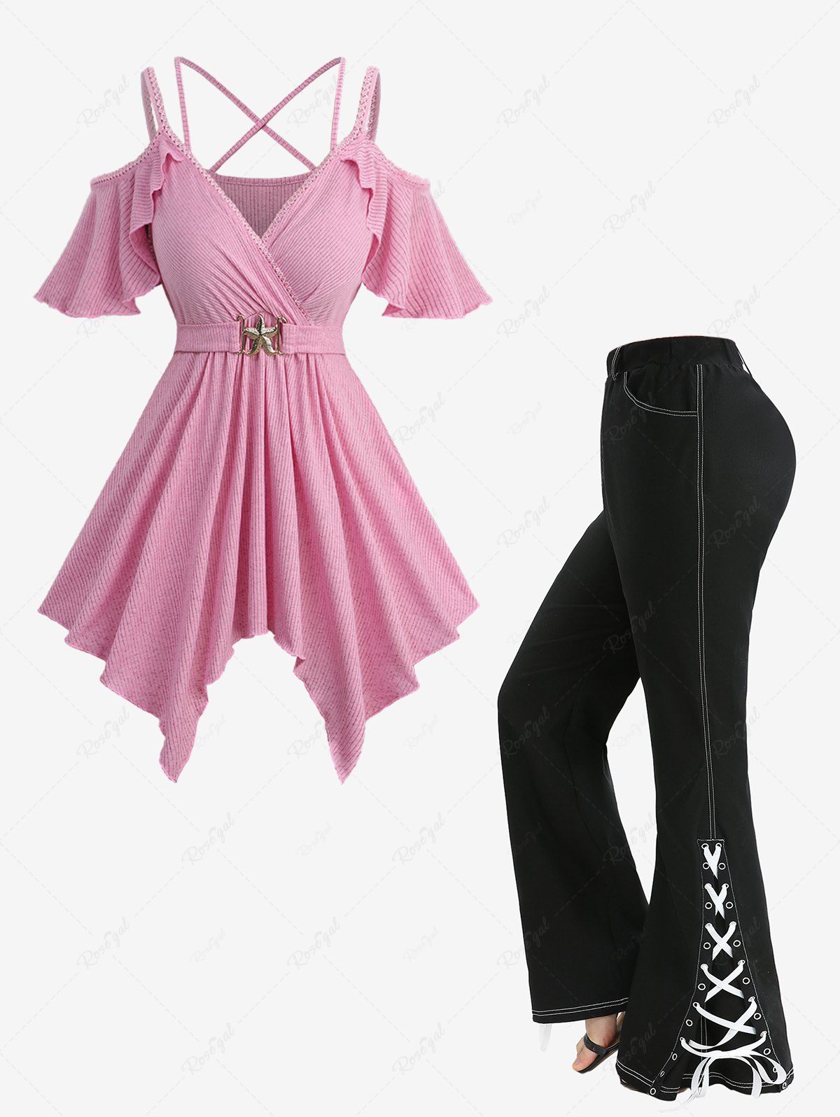 Store Ribbed Solid Crisscross Surplice Handkerchief Top and Split Lace Up Topstitching Pockets Flare Pants Plus Size Outfit  