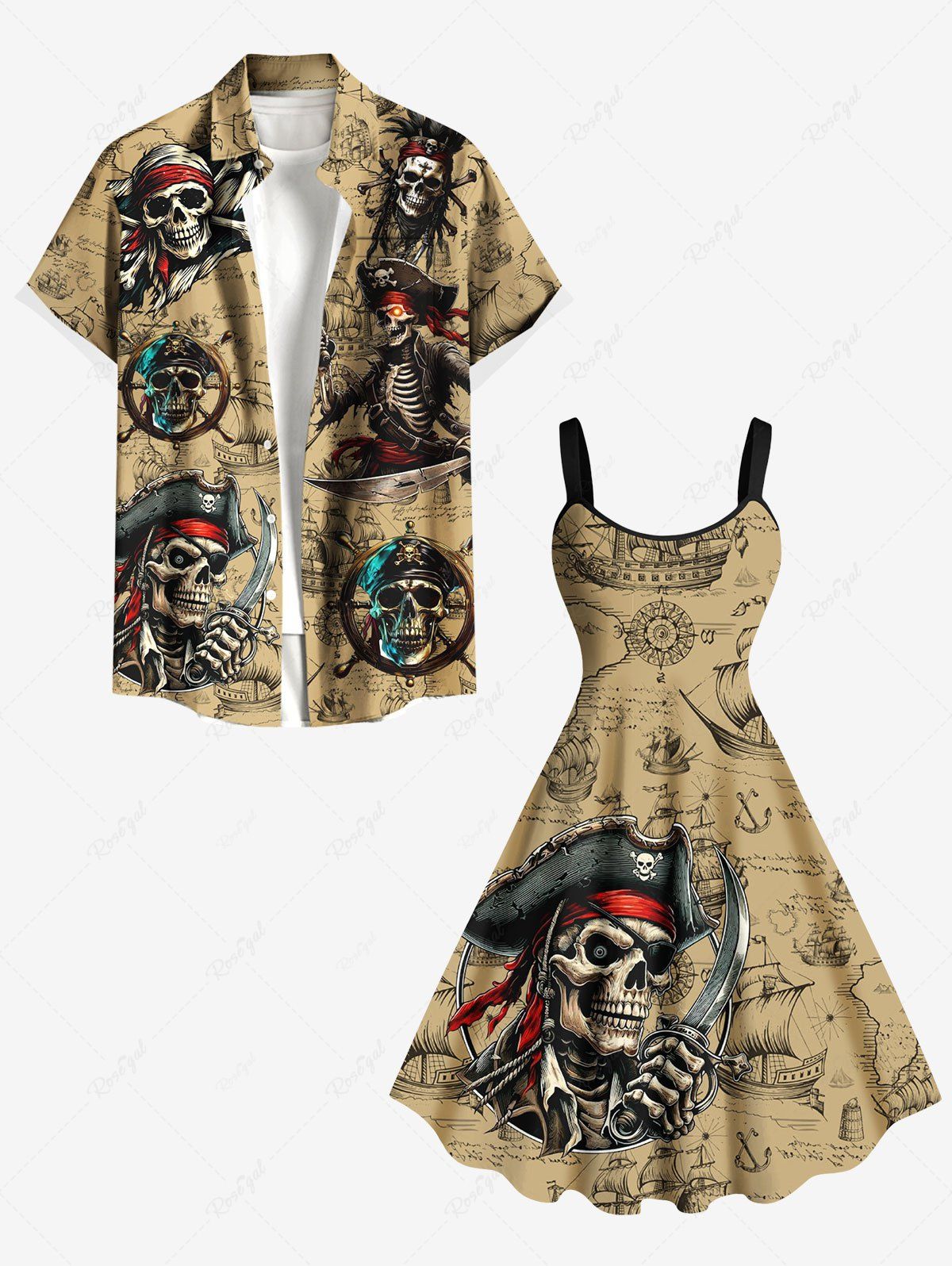 Shop Skull Pirate Distressed Sailboat Print Plus Size Matching Hawaii Cruise Beach Outfit For Couples  