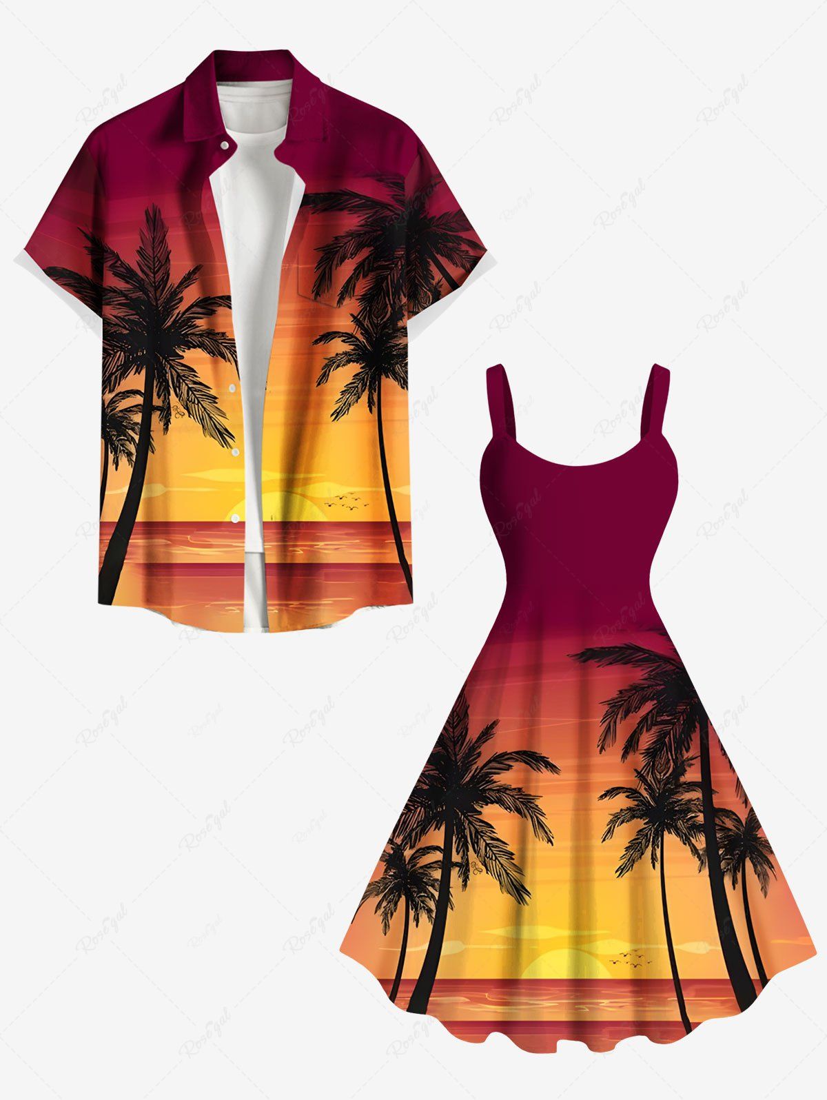 Tenue de plage hawaïenne assortie grande taille, motif cocotier, mer, ombré, crépuscule, coucher de soleil, pour couples Orange 
