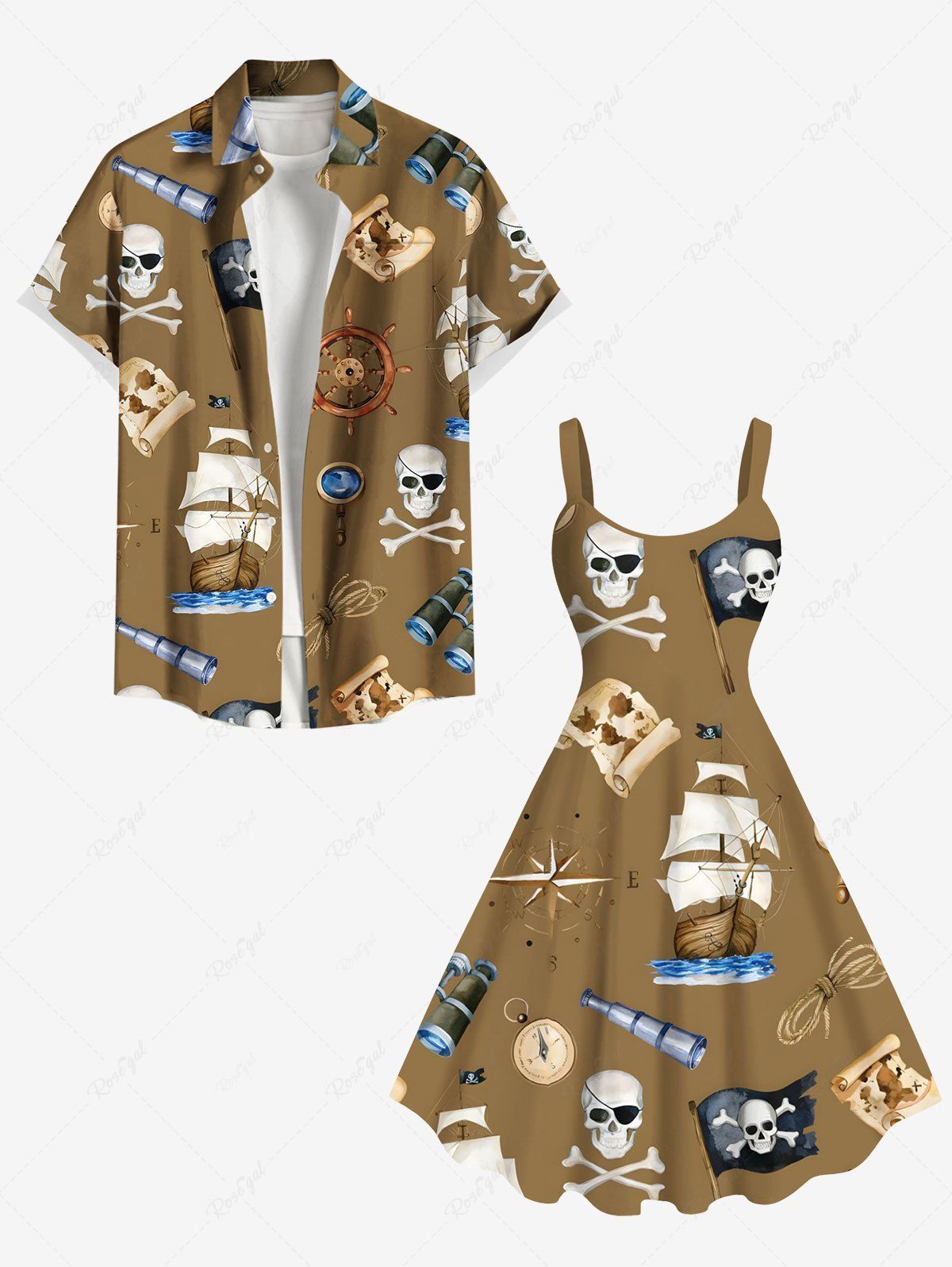 Outfit Skull Pirate Rudder Sailboat Telescope Print Plus Size Matching Hawaii Cruise Beach Outfit For Couples  