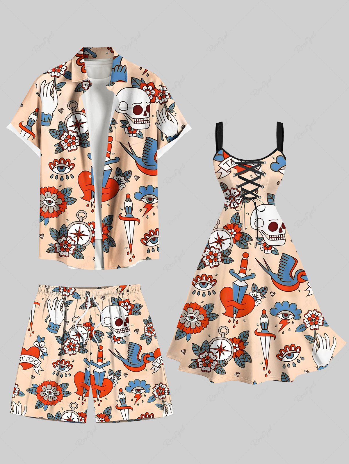 Online Skull Flower Clock Sword Heart Bird Print Plus Size Matching Hawaii Beach Outfit For Couples  