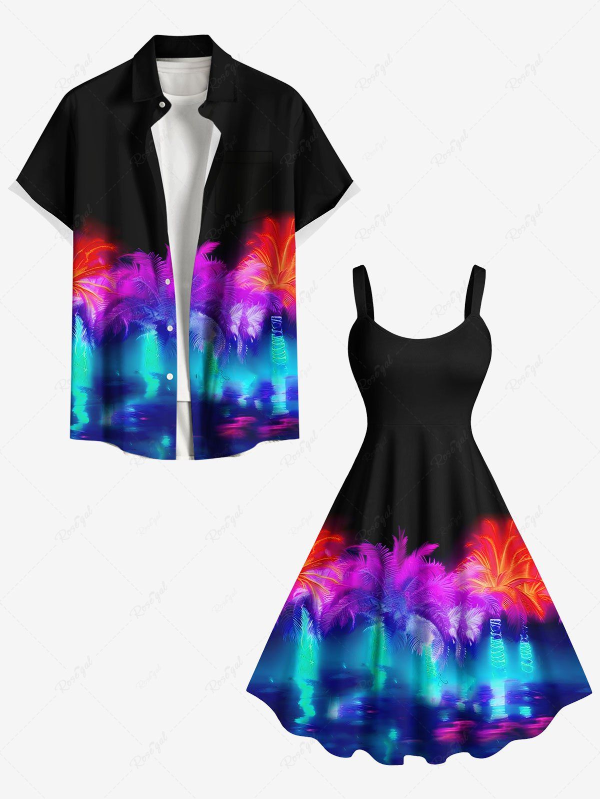 Tenue de plage hawaïenne assortie grande taille, motif cocotier coloré, paillettes lumineuses, imprimé 3D, pour couples Noir 